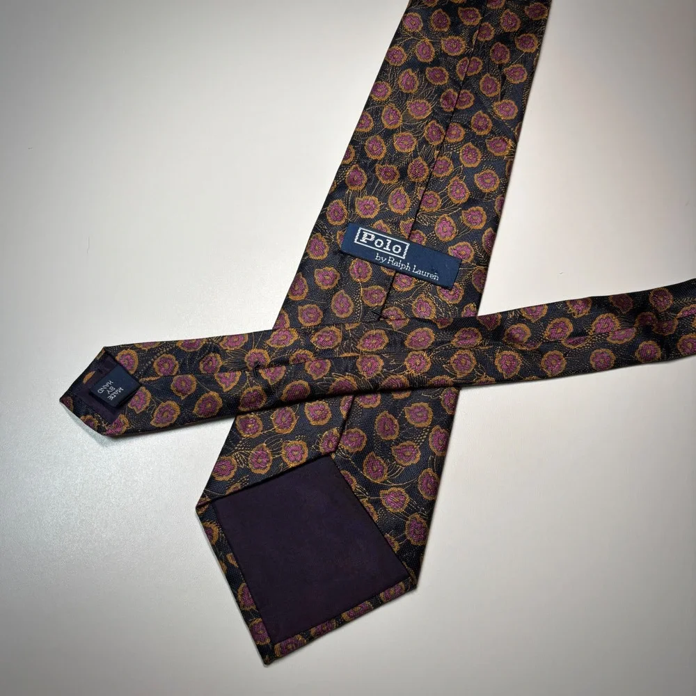 Polo Ralph Lauren VTG Silk Necktie Black Purple Floral Medallion Handmade Tie